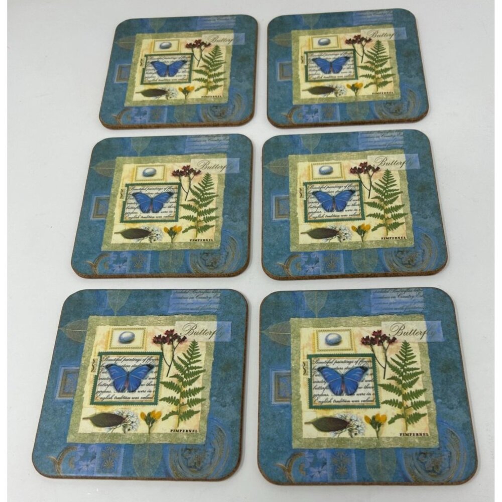 Vtg PIMPERNEL Blue Botanical Butterfly Coasters Cork Back Set of 6 NEW